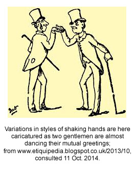 Variations in styles of shaking hands are here caricatured as two gentlemen are almost dancing their mutual greetings; from www.etiquipedia.blogspot.co.uk/2013/10, consulted 11 Oct. 2014. 